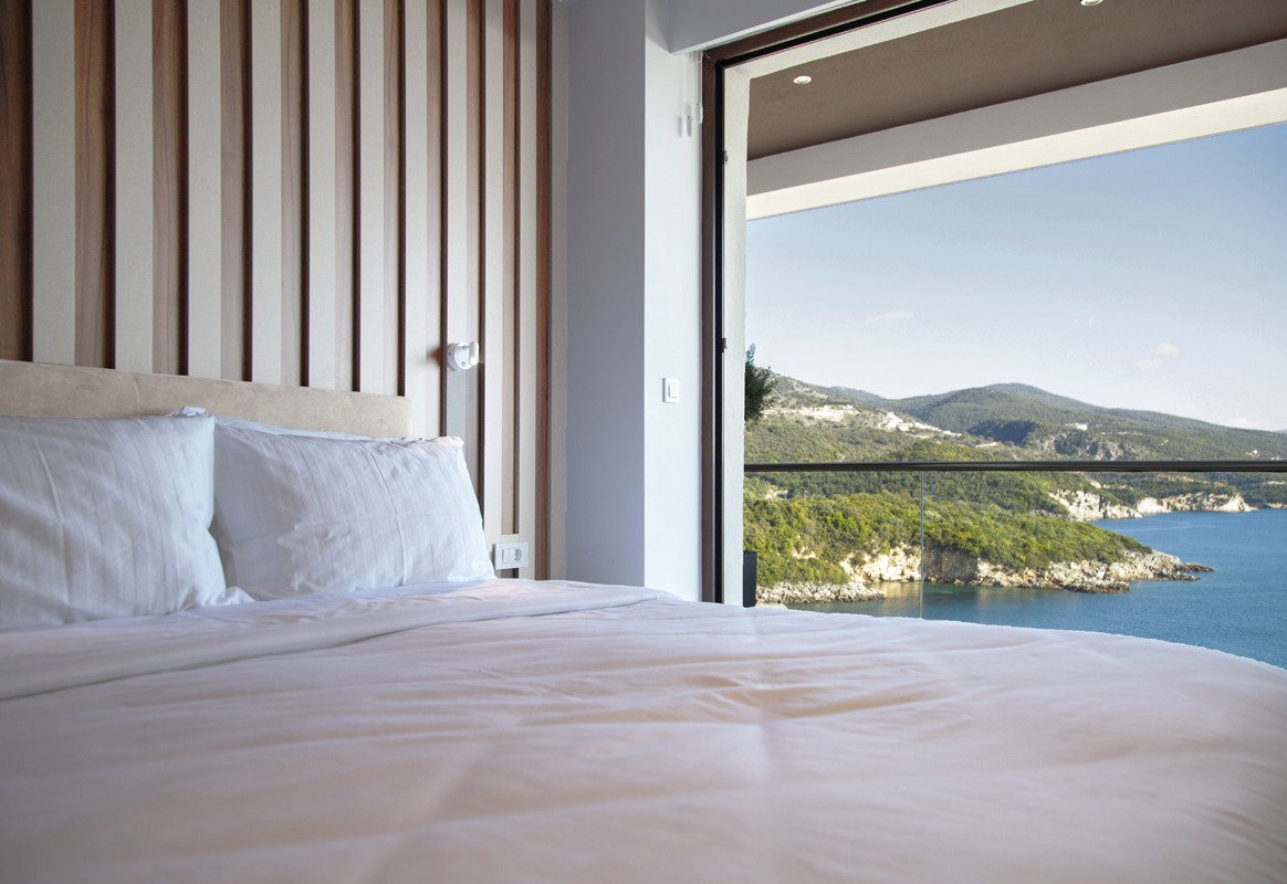 zavia villas resort sivota greece bedroom with sea view