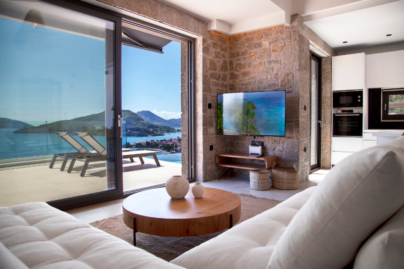 villa phaena nidri lefkada greece living room television sofas sea view