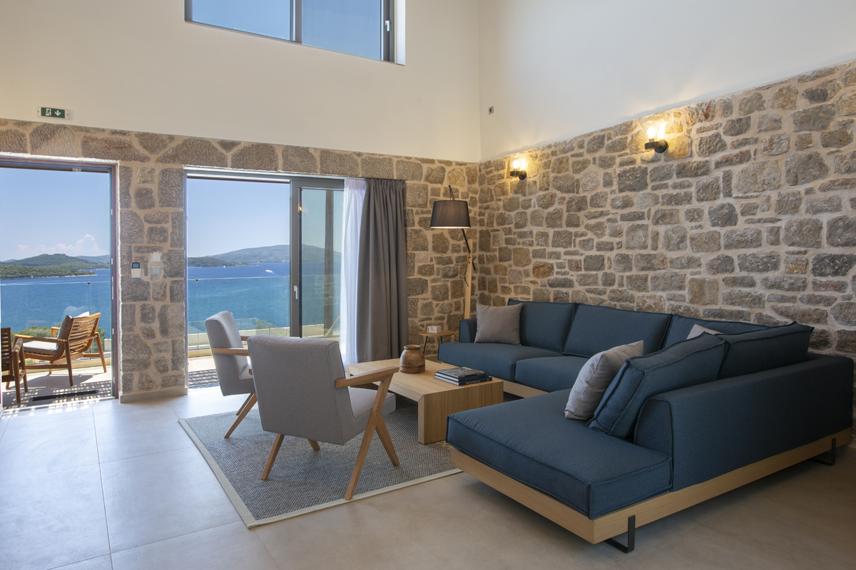 villa orama perigiali lefkada greece living room blue sofa comfort pillows relax
