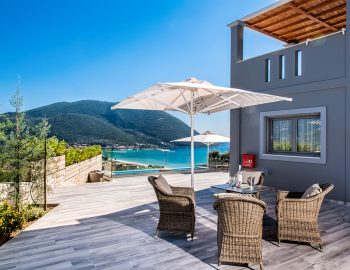 villa drakatos ostria vasiliki lefkas outdoor dining with pool view
