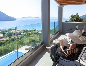 villa irene vasiliki lefkada lefkas girl on private balcony pool sea view