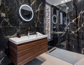z4 luxury villa bita lefkada bathroom shower shampoo mirror lights marble